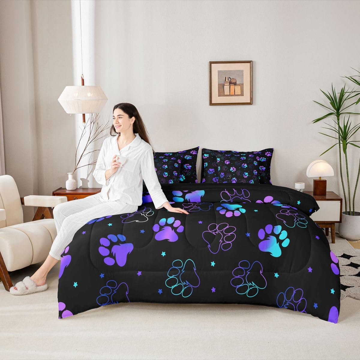 Feelyou Dog Paw Print Comforter Set with Sheets 7 Piece Full Size Pet Animal Bed in a Bag Kids Boys Girls Puppy Dog Bedding Set Cute Bedroom Decor Kawaii Breathable Soft Lightweight Microfiber