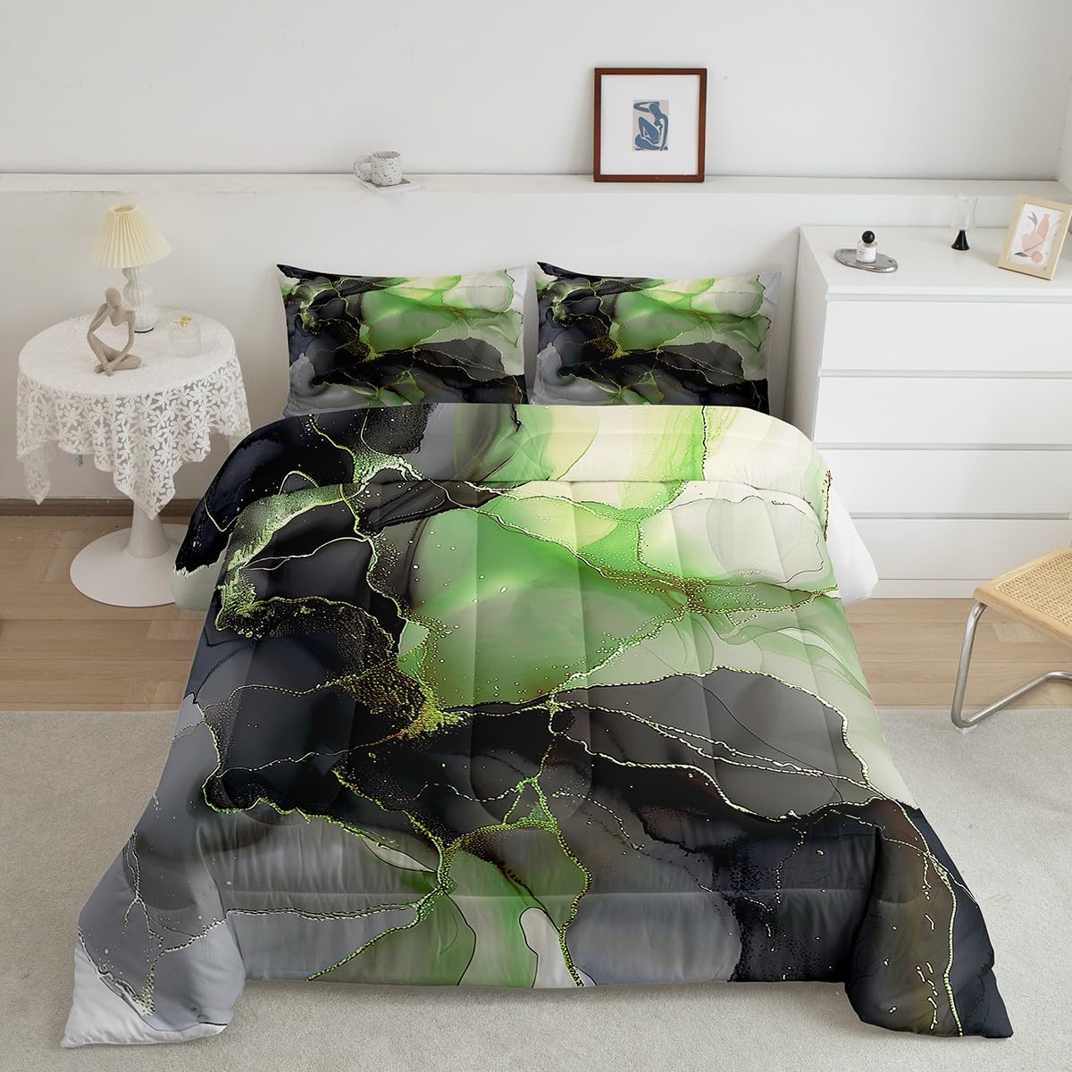 Erosebridal Black and Green Bed in a Bag 7pcs Aesthetic Marble Bedding Set for Girls Women, Foil Print Full Size Comforter Set Mountain Fluid Bedding Comforter Sets, Marbling Bed Set