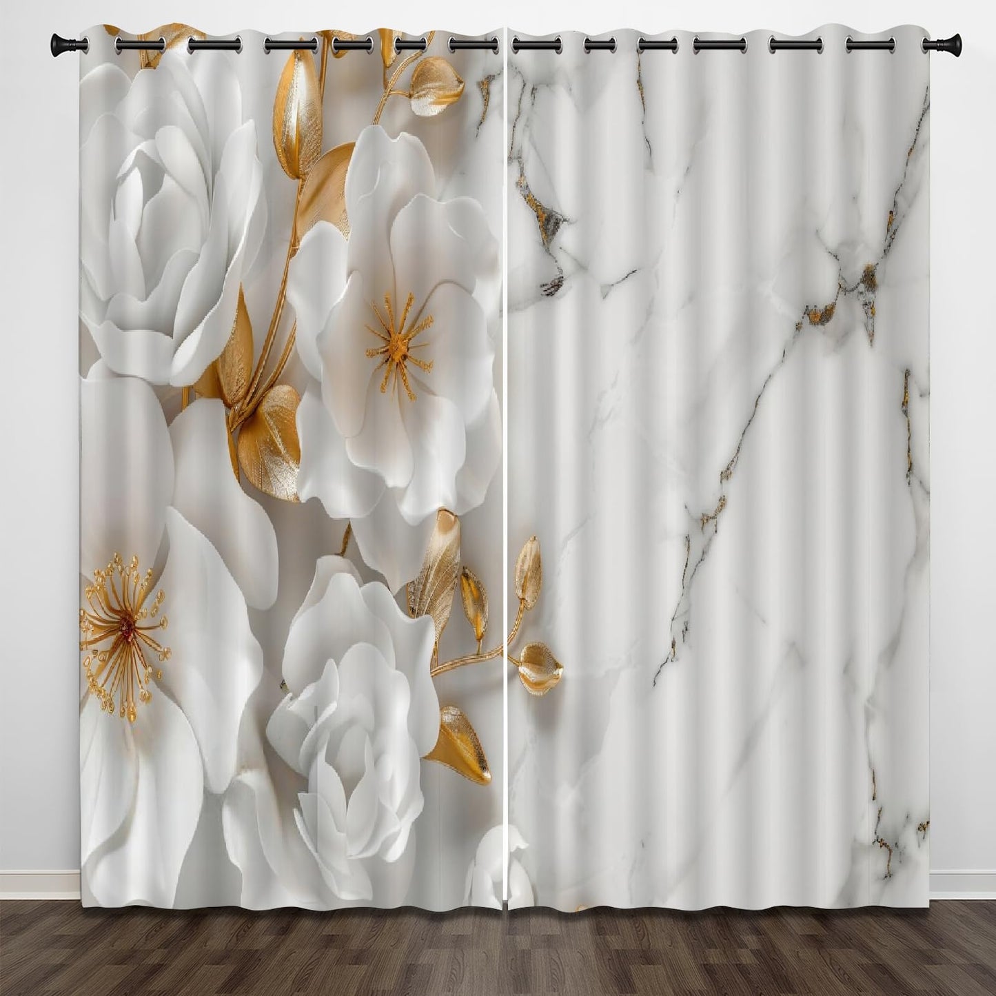 White Elegant Flowers Blackout Curtains, Golden Bright Leaves 3D Print Drapes Set of 2 Panels, Grommet Thermal Insulated Darkening Window Drapes for Living Room Bedroom(84" W x 84 "L)