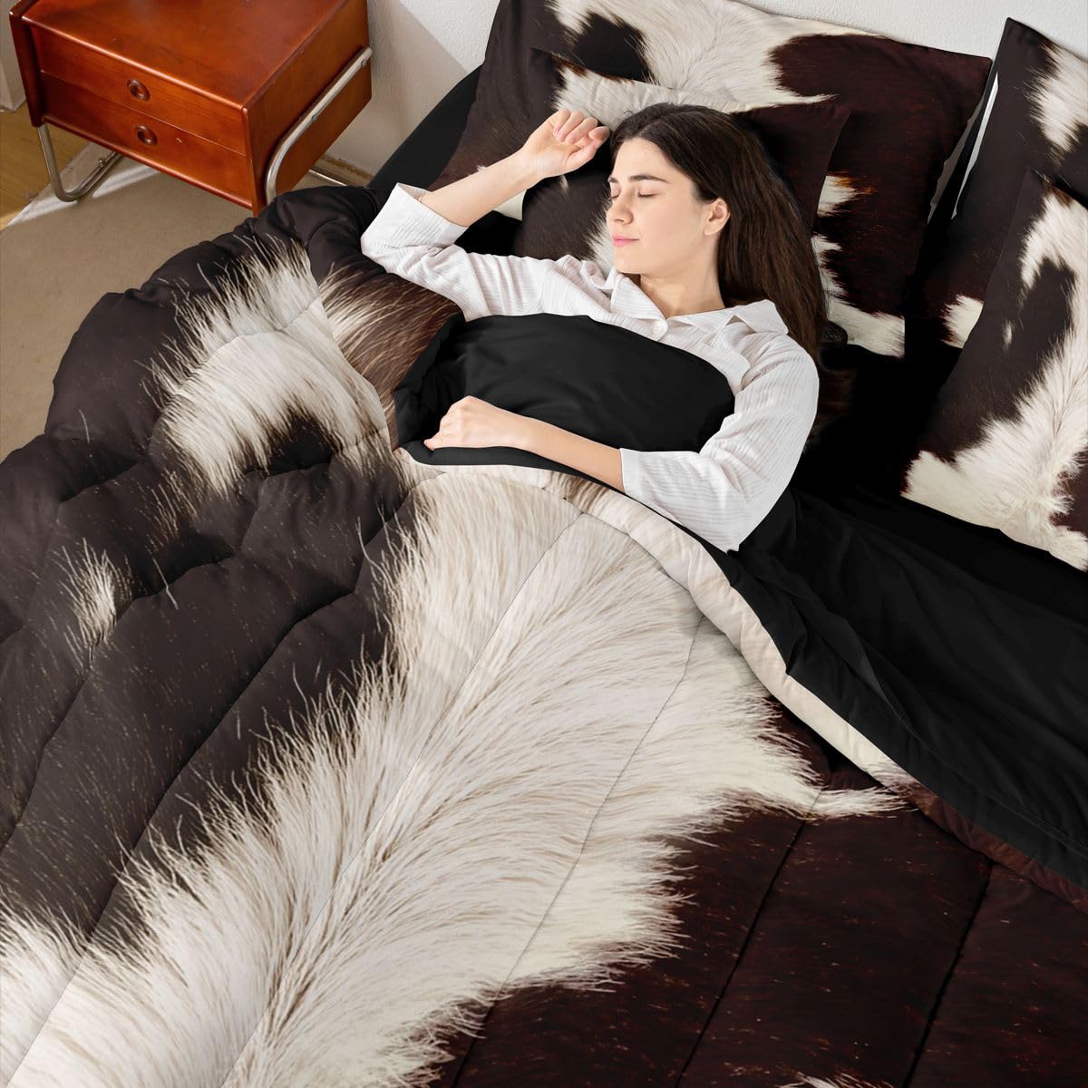 Erosebridal Cow Print Twin Bedding Set 7 Piece for Boys Western Cowhide Bed in A Bag for Kids Teens Youth Adult Animal Skin Comforter Set with Sheetrustic Farmhouse Bed Sets