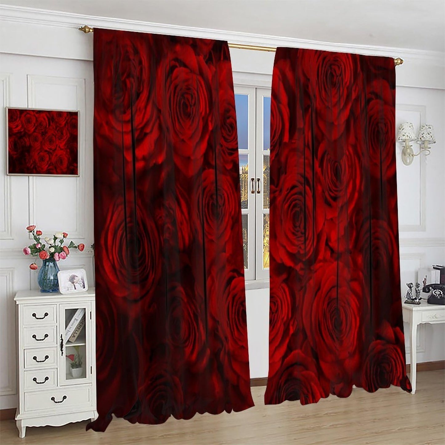 GoDazzling Romantic Flowers Rose Curtains, Floral Valentines Red Rose Blooming Rod Pocket Window Drapes, for Bedroom Living Room 41" W X 45" L (No Blackout)