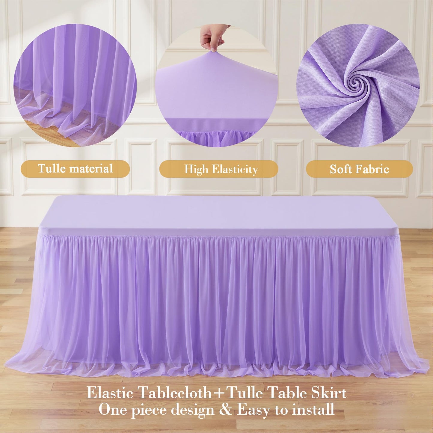Suppromo 4 Pack 6ft Lavender Tulle Tablecloths for Rectangle Tables, 6 Foot Rectangular Table Cloth Wrinkle Free Table Cover with Tutu Skirt for Wedding Baby Shower Birthday Party Banquet Buffet Cake