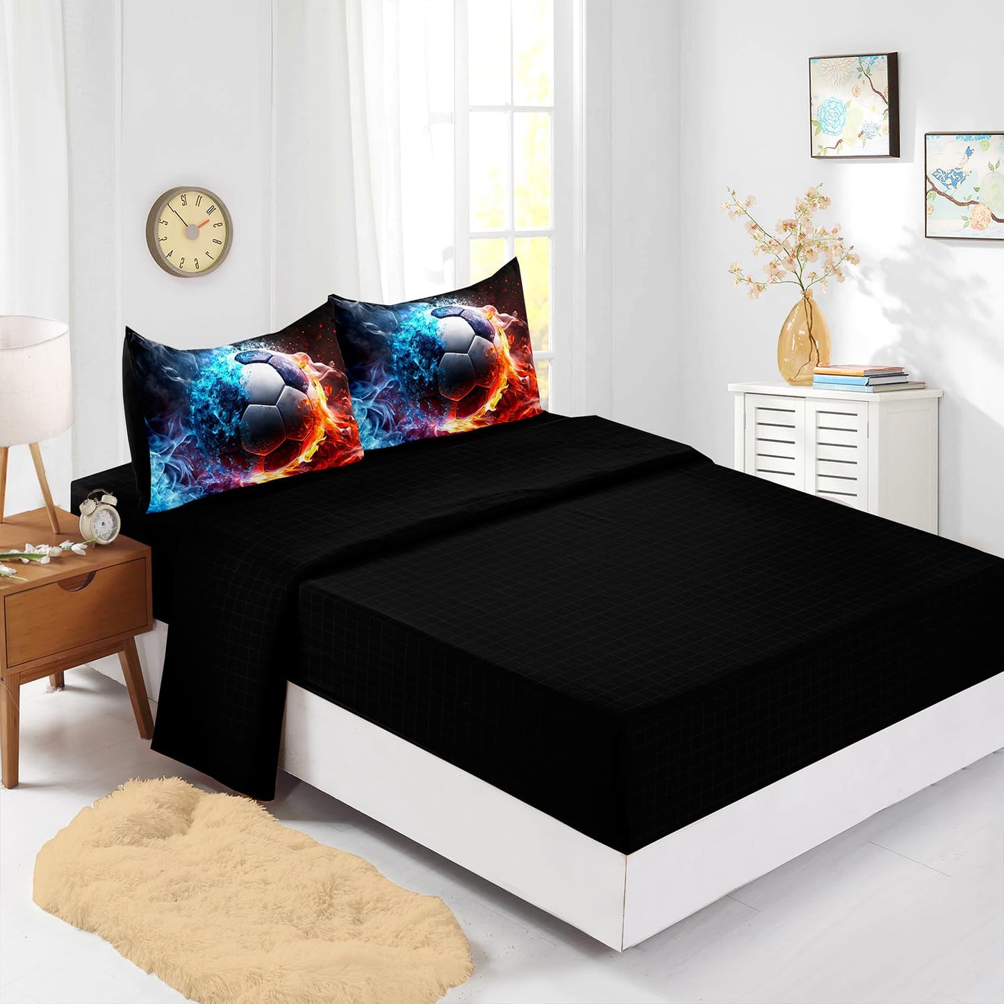XYNHML Soccer Print Comforter 7Pcs Gaming Sport Soccer Bedding Set for Kid Teen Girl Boy Adult Ball Sports Games Ice Fire Football Quilt Bed Set Twin with 2 Sheets,2 Pillowcases,2 Throw Pillow Covers