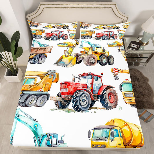Erosebridal Excavator Bedding Set Full Size Truck Sheet Set for Kids Boys Girls Children Tractor Machinery Truck Fitted Sheet Crane Digger Mixer Bed Sheet Lightweight Décor