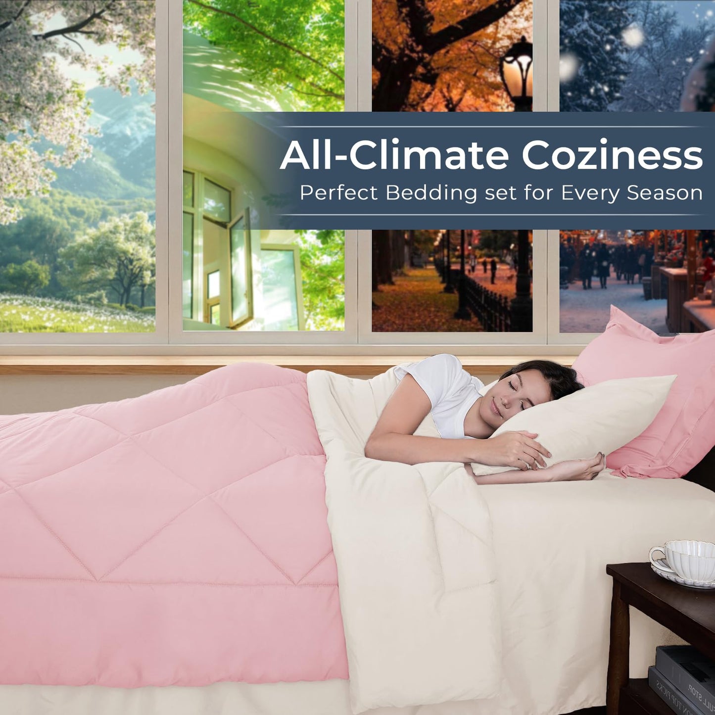 HEVUMYI Queen Comforter Set - 7-Piece All Season Bed in a Bag Queen, Ultra Soft Bedding Set with Comforter, Flat Sheet, Fitted Sheet, Pillowcases, Pillow Shams, Pink & Ivory