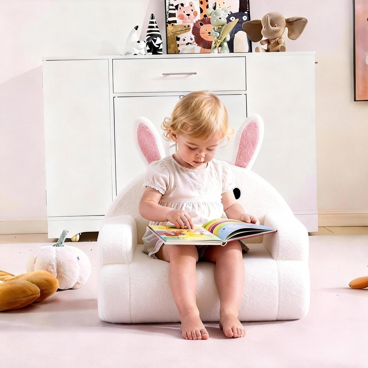 Karl home Toddler Chair Comfy, Toddler Reading Chair, Cute Animal Series Kid's Chair, Foam Kids Sofa with Soft Teddy Plush, Outdoor Furniture for Backyard Patio Garden Playroom Preschool, White Bunny