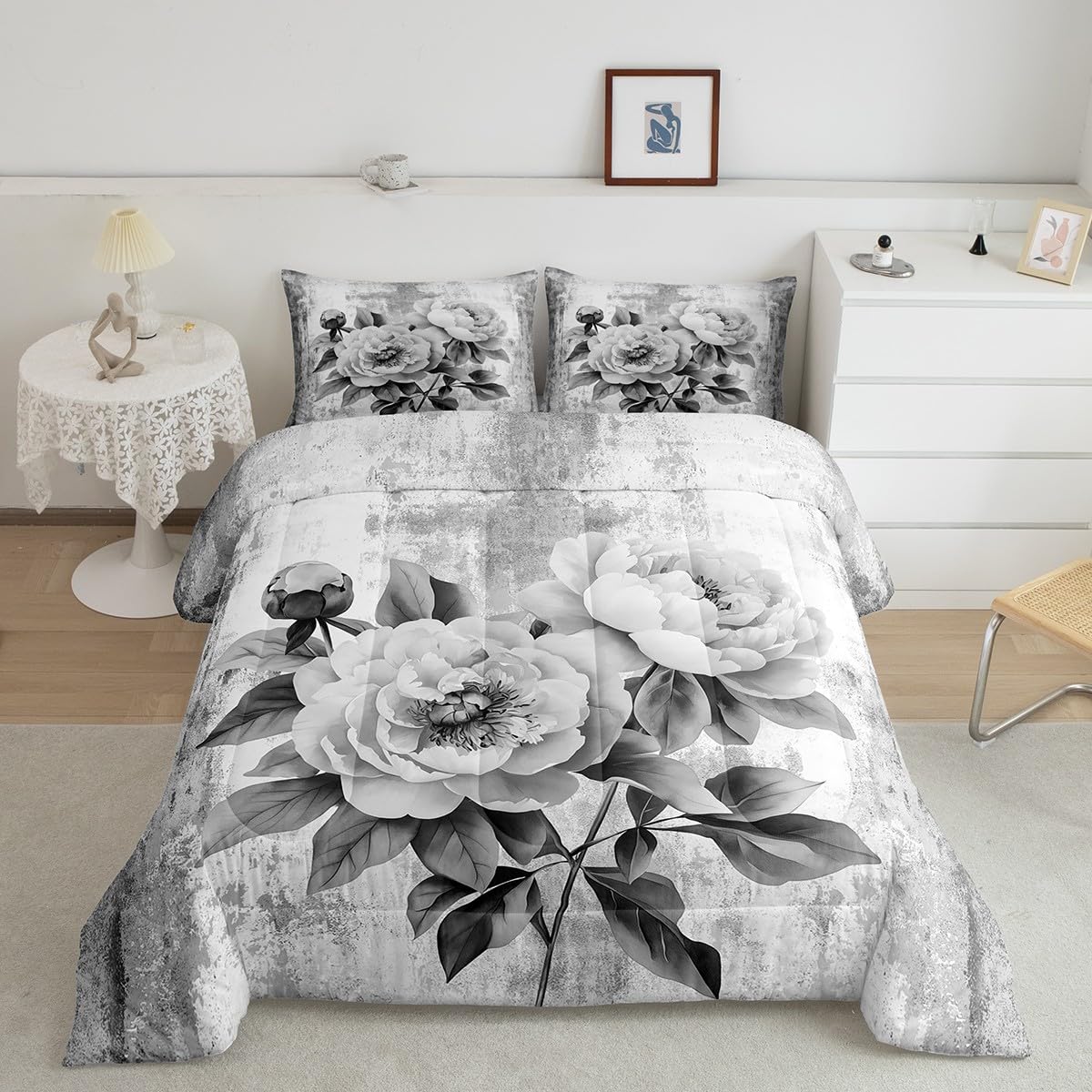 Erosebridal Watercolor Peony Floral Queen Comforter Set Abstract Oil Painting Bedding Set Rustic Farmhouse Bed Set Gray White Flowers Quilt Set
