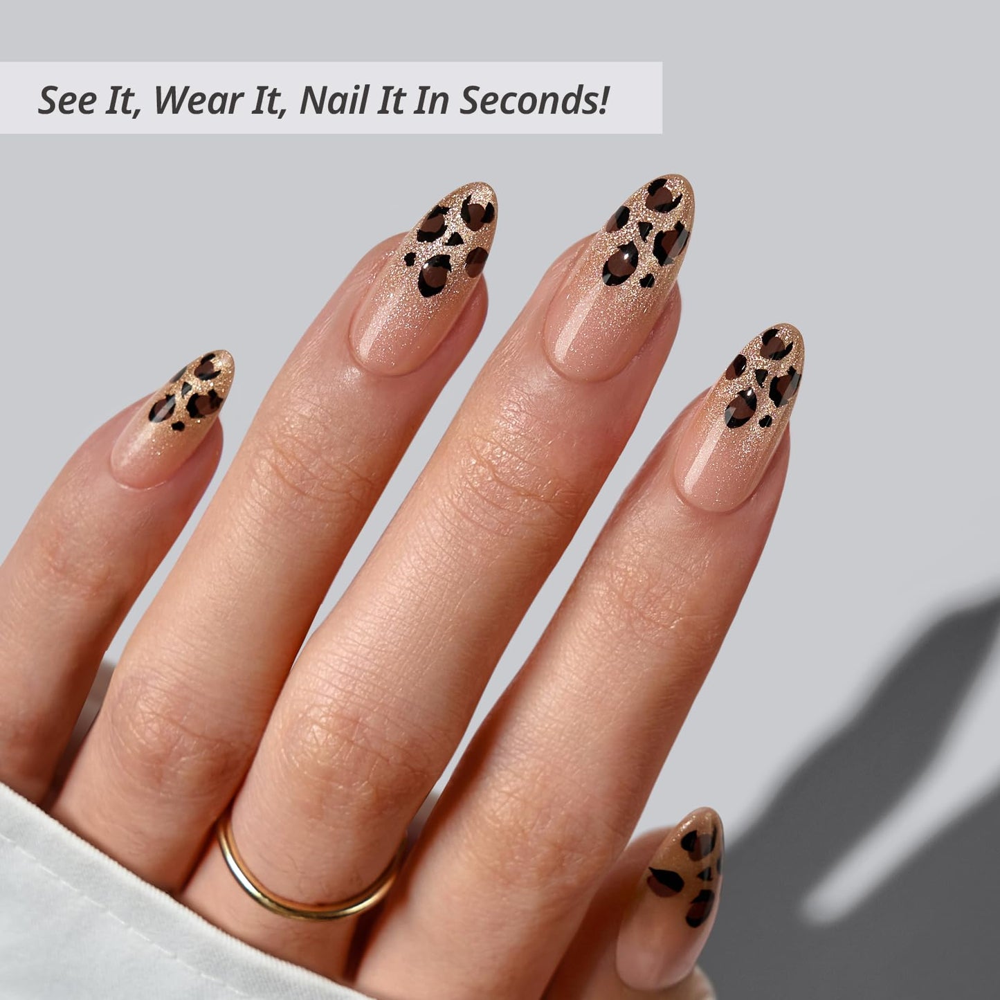 BTArtbox Press On Nails Almond - Gilder Roar, Sparkly Leopard Medium Press On Nails with Glue and Adhesive Tabs for Women, Soft Gel Glue On Nails in 16 Sizes - 32 Stick On Nails Kit