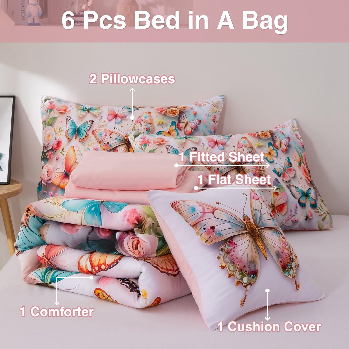 A Nice Night 6pcs Bed in A Bag Pink and Blue Dreamy 3D Various Butterfly Printed, Colorful Butterflies Flying in Flower Design Bedding Full Comforter Set, for Girls Kids Teens