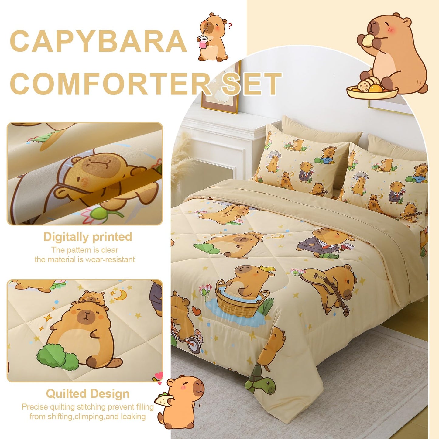 Jameswish 7 Piece Capybara Comforter Set Full Size Cute Cartoon Capybara Bedding Set Super Soft All Season Bedroom Decor for Kids Girls Boys Teens Birthday Choice