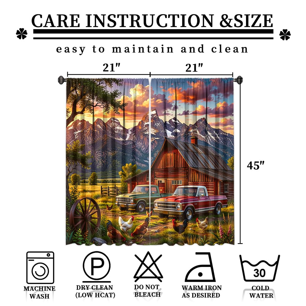KuracleGH Vintage Farmhouse Wheel Truck Rod Pocket Curtains-Cabin Autumn Mountain Sunset Blackout Curtains & Drapes for Bedroom,Rustic Farm Animal Rooster Window Curtain,2pcs,Each 21“W x 45”L