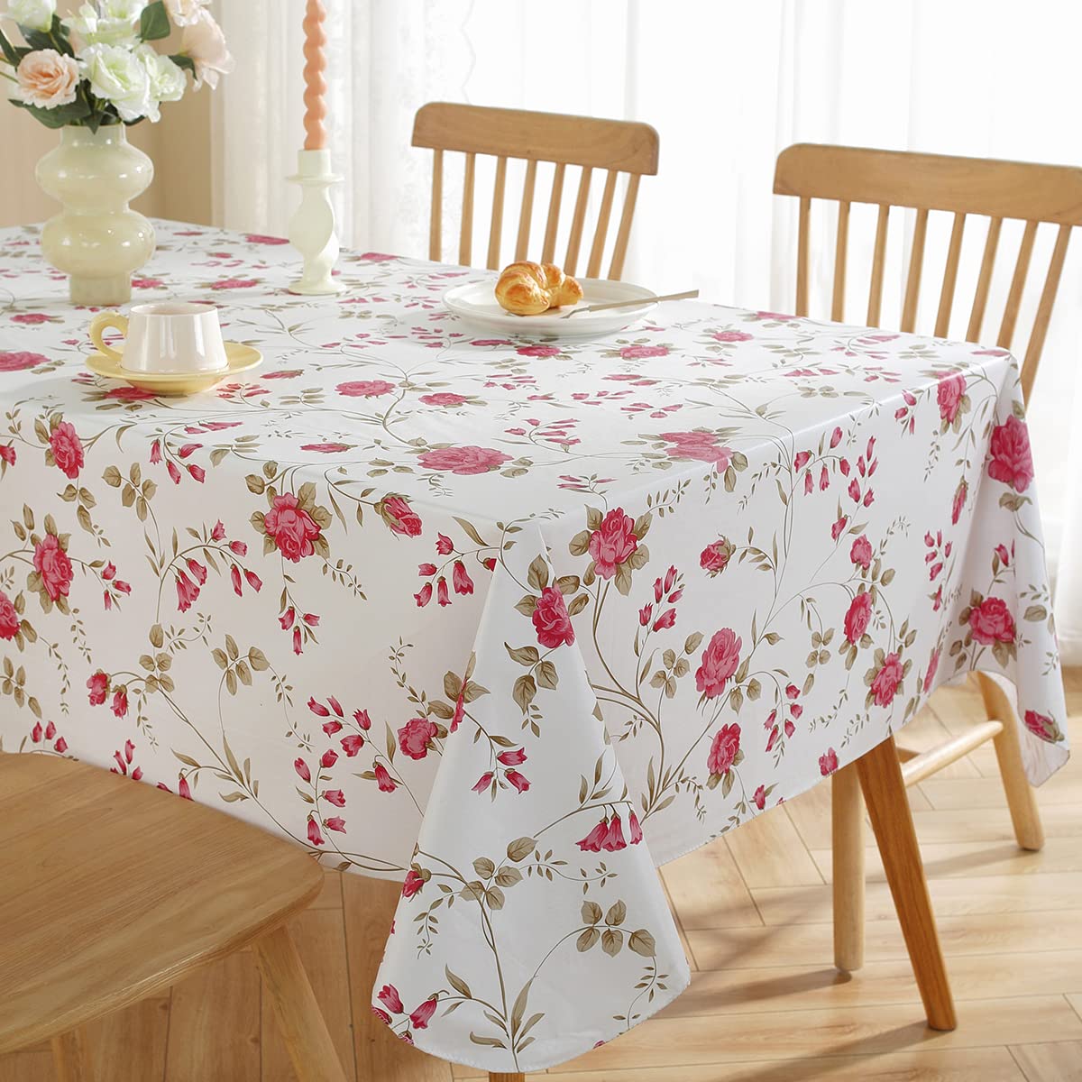 SASTYBALE Spring Summer Vinyl Tablecloth with Flannel Backing Rectangle 60 x 84 Inch, Waterproof & Wipe Clean Thick Plastic Table Cloth, Floral Table Cover for Dining, Party, Picnic, Outdoor, Rose