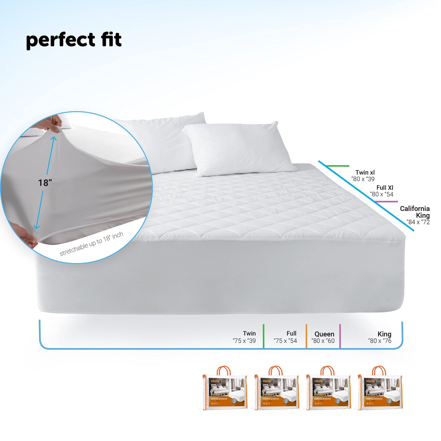 joluzzy Quilted Mattress Pad 38" x 75", Cotton Fitted Bed Protector Cover, 18" Deep Pocket - Waterproof, Breathable, Stretchable and Noiseless (Twin)