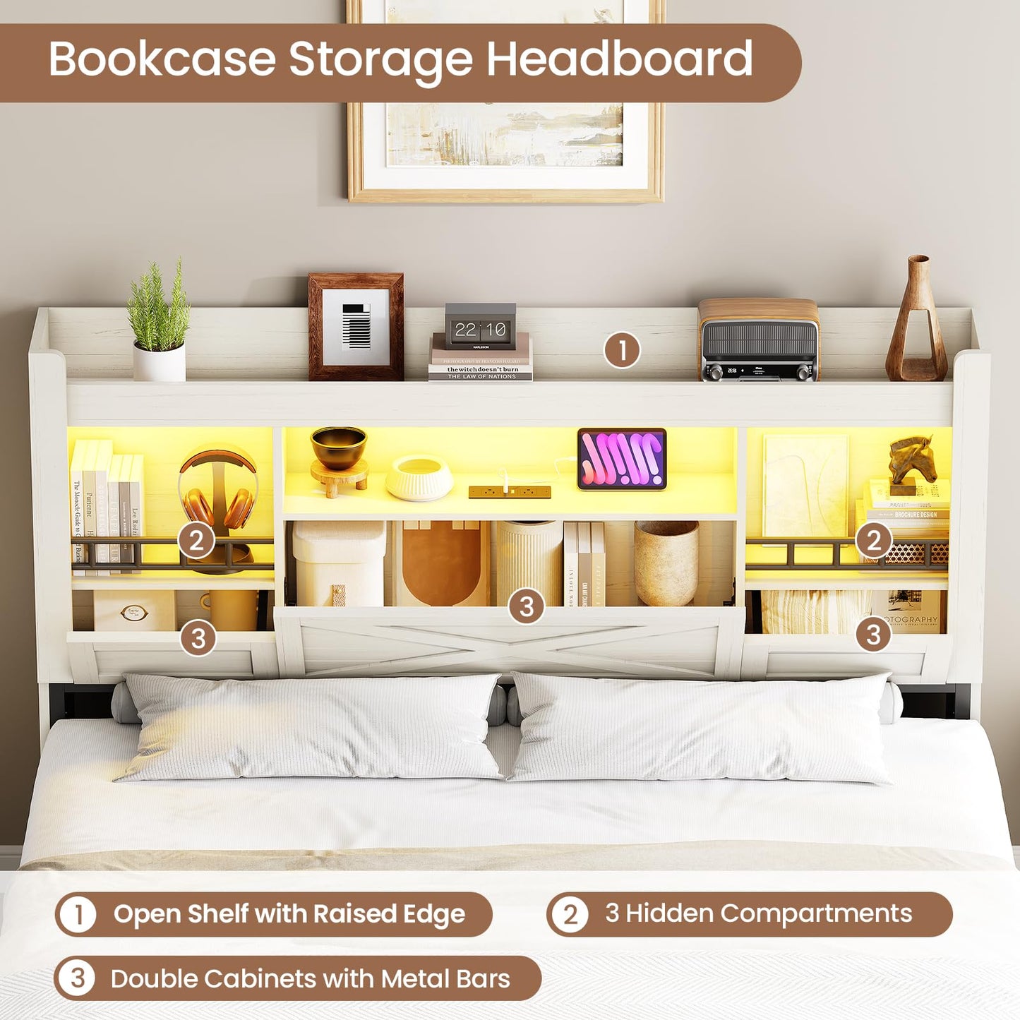 VIAGDO Farmhouse Full Size Bed Frame with Flip-Down Bookcase Storage Headboard and 4 Drawers, Rustic Wood Platform Bed Frame Full Size with Charging Station and LED Lights, No Box Spring Needed, White