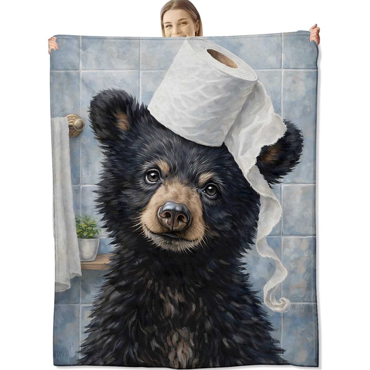 cromcu Funny Bear Flannel Throw Blanket, 50x60in, Soft Warm Cozy Blankets with Adorable Bear and Toilet Paper, Humorous Gifts for Men Women Animal Lovers, Home Decor Dorm Office Travel Camping