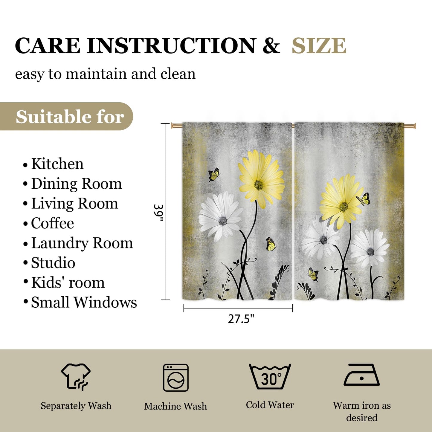 Cizuug Yellow Daisy Rustic Farmhouse Kitchen Curtains Watercolor Floral Flower Small Short Cafe Window Curtains Butterfly Country Bathroom Drapes Treatment Tier Curtains 2 Panels