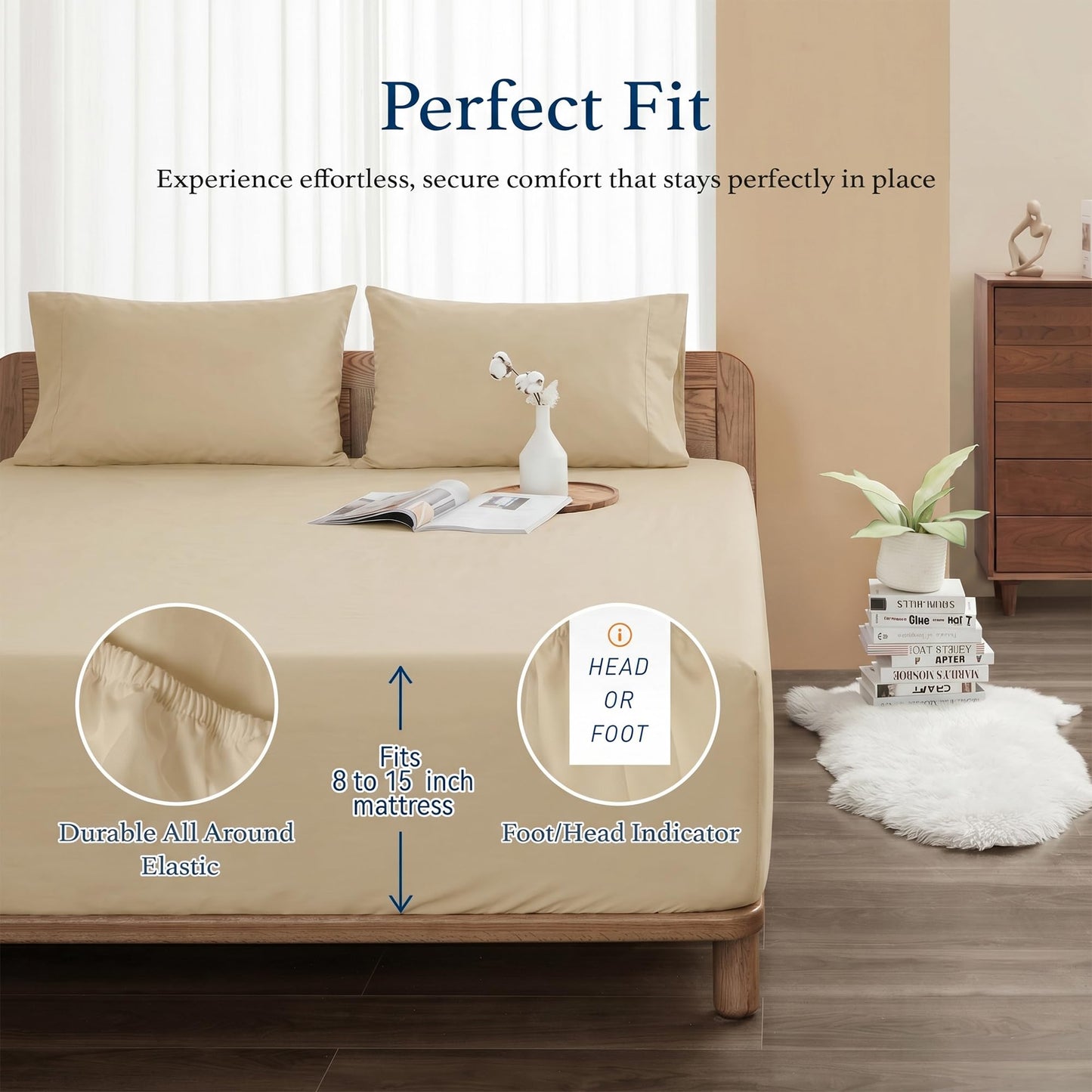 HOMTEC 100% Cotton Percale Fitted Sheet California King Size, 8-15" Deep Pocket Cooling Bottom Sheet, Breathable Soft & Crisp Fitted Sheet Only with 4 Corner Straps (Cal King, Sandshell)