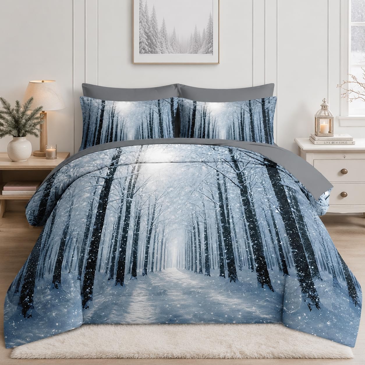 Nesker Christmas Comforter Set Full Size, Snowy Woodland Winter 7 Pcs Bedding for Kids and Adults, Frosted Forest Bed Sheet Sets with Fitted Sheet 2 Pillowcases & 2 Shams