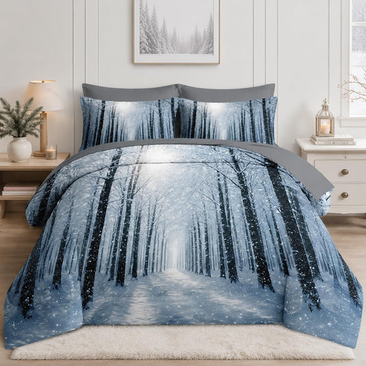 Nesker Christmas Comforter Set Full Size, Snowy Woodland Winter 7 Pcs Bedding for Kids and Adults, Frosted Forest Bed Sheet Sets with Fitted Sheet 2 Pillowcases & 2 Shams