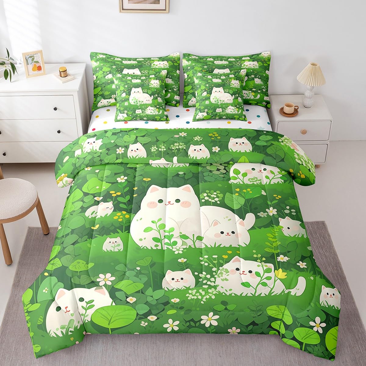Erosebridal Cartoon Cat Bedding Set King Size, Cute Kitten Animals Comforter Set, Spring Lawn Flowers Kids Teens (Comforter+Fitted+Flat Sheet+2 Pillowcases+2 Throw Pillow Covers) 7 Pieces Bed Set
