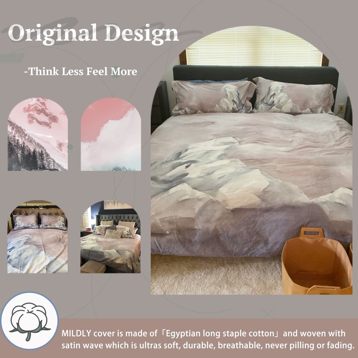 MILDLY 100% Long-Staple Cotton Duvet Cover Queen, Gray Pink Marble Pattern Comforter Cover Set 500TC Watercolor Abstract Reversible Soft & Breathable