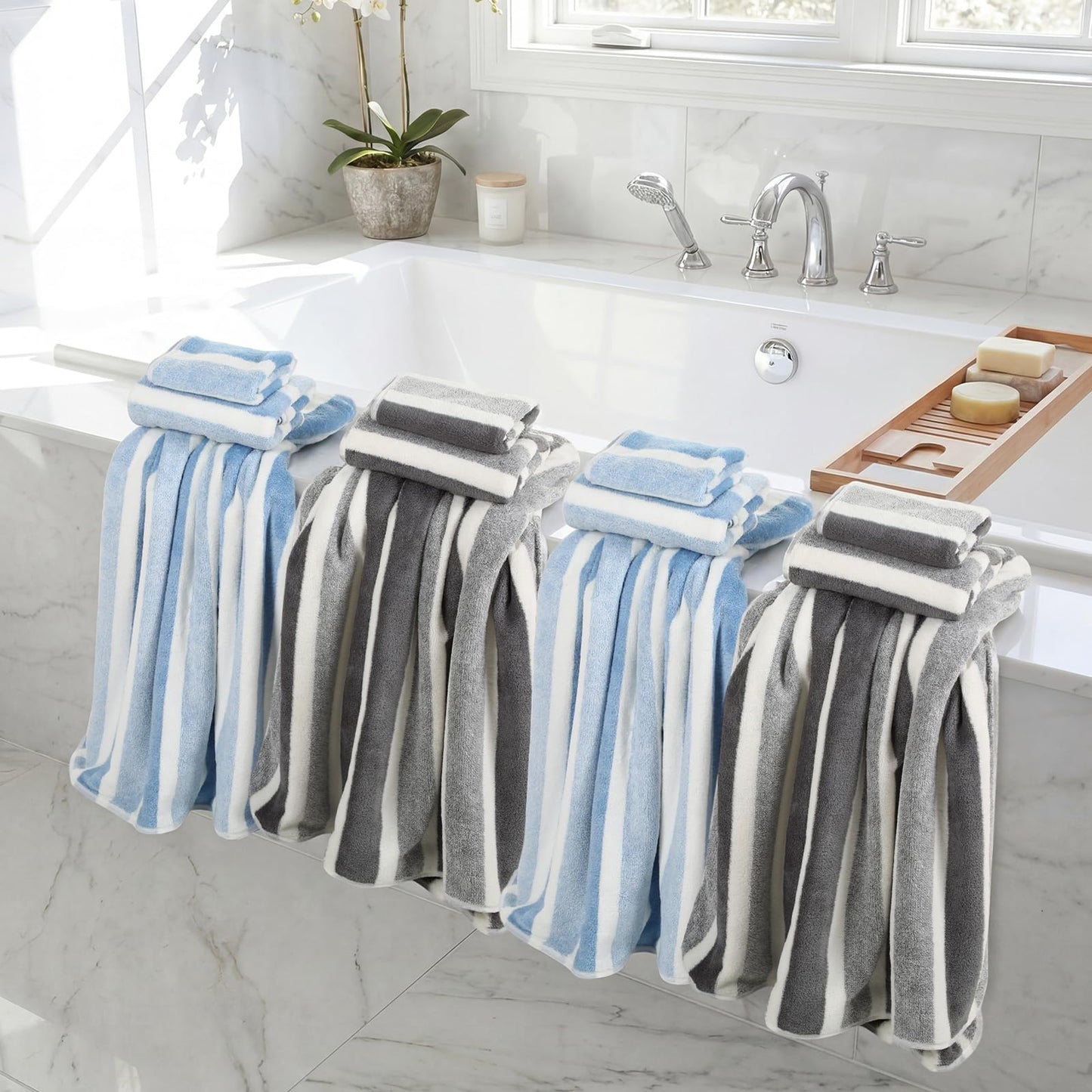 Newwiee 12 Pcs Stripe Bath Towel Microfiber Bathroom Sheet Set Included 4 Highly Absorbent Soft Quick Dry Shower Bath Towels 4 Hand Towel 4 Washcloths for Hotel Gym Spa (Gray,Blue)