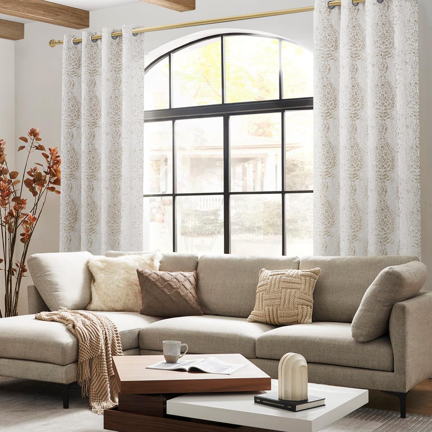 Taupe Neutral Patterned Curtains for Living Room, 84 Inch Long Semi Blackout Elegant Damask Geometric Textured Pattern Printed Light Blocking Window Curtain Drapes for Bedroom Dining, Tan Brown Beige