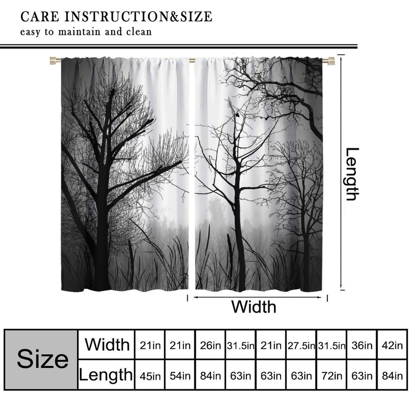 Gothic Black Pine Tree Forest Curtains - Mysterious Scenery, Gloomy Dark Dense Foggy Blackout Window Treatments for Living Room Bedroom - 42" W X 45" L