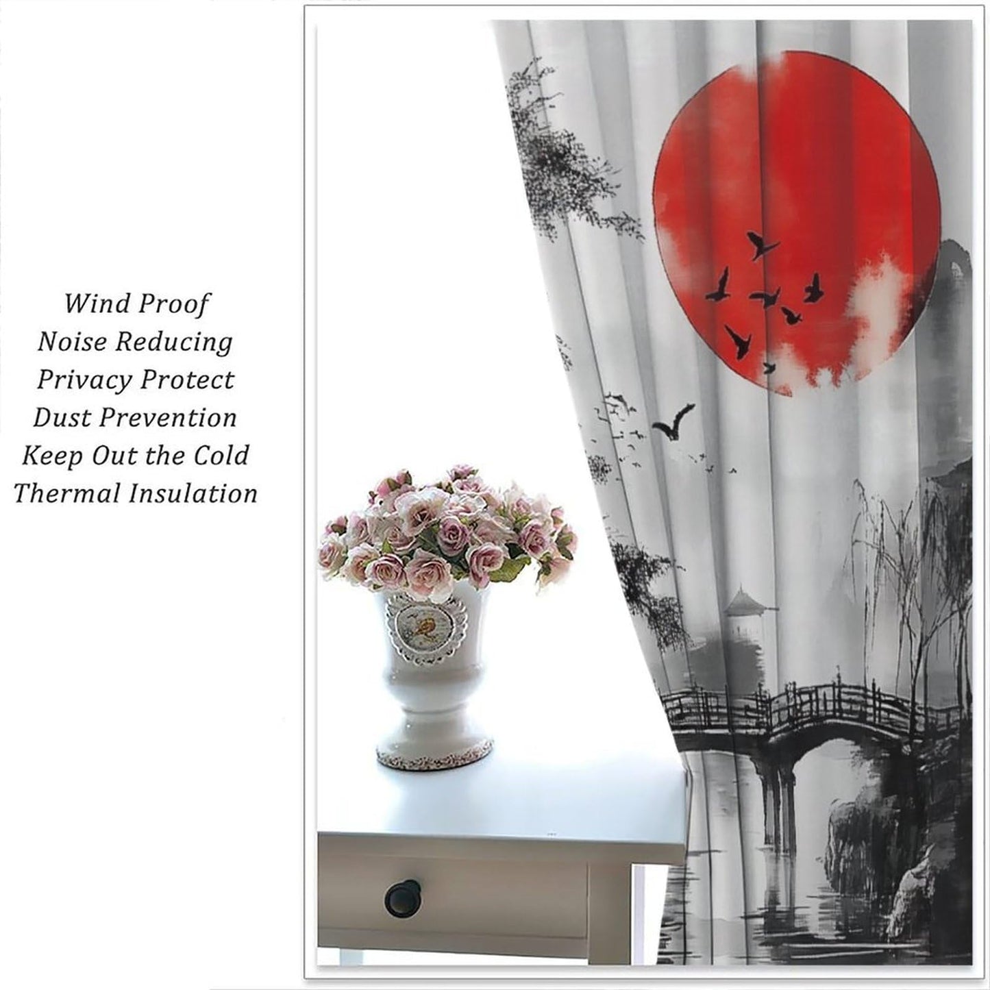 XBDDZSW Japanese Asian Curtain Watercolor Black Red Chinese Mountain Sun Tree Scenery Ink Pattern Print Bedroom Living Room Rod Pocket Window Drapes 2 Panels W42xL45 Inch Decor