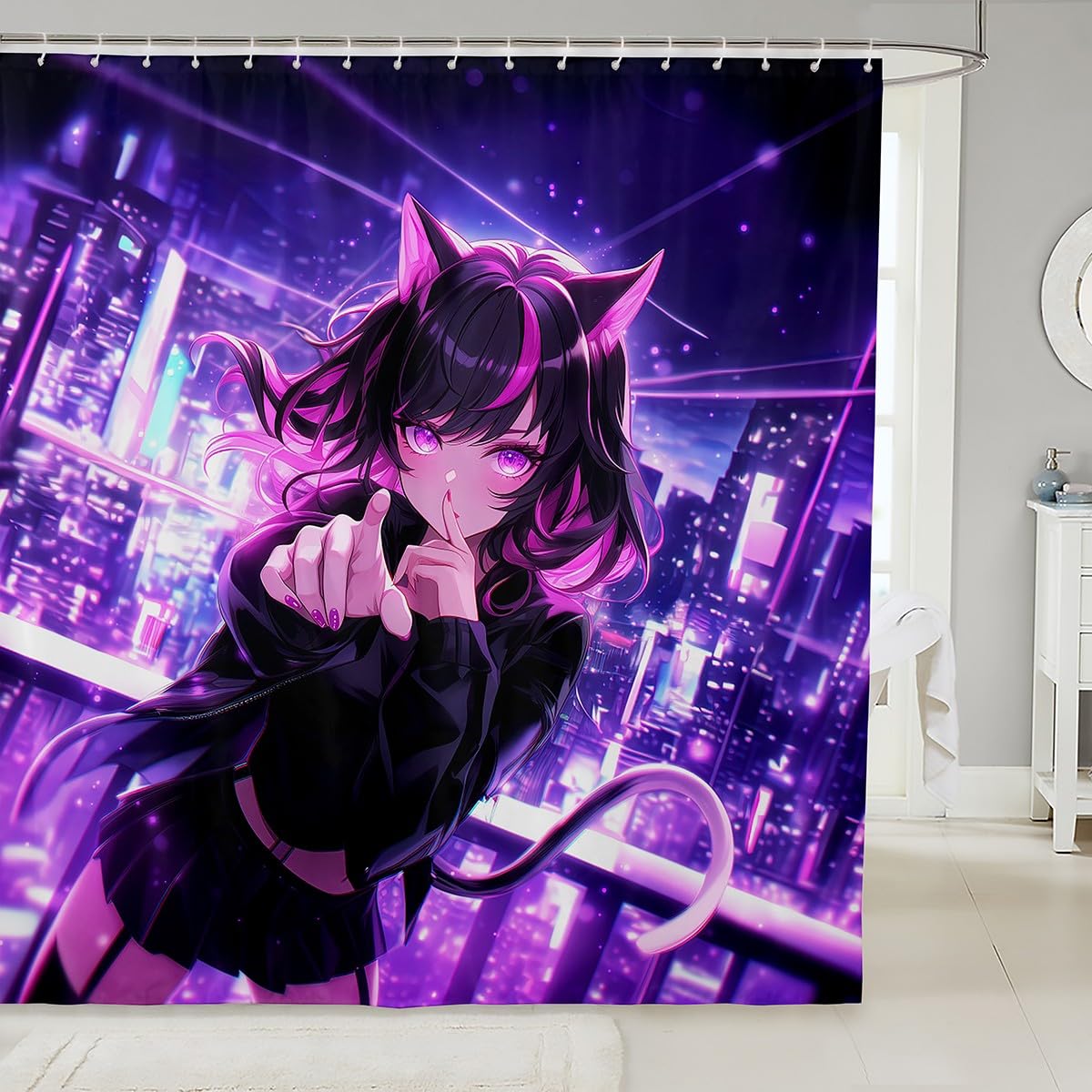 Erosebridal Kids Anime Girl Shower Curtain 72" W X 72" L, Japanese Anime Fabric Shower Curtain, Cartoon Girl Bathroom Accessories for Boys Teens, Kawaii Japanese Animation Waterproof Decor