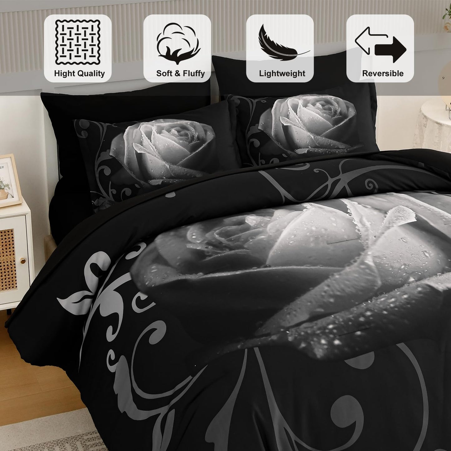 Xruibed Floral Comforter King Black Bed in a Bag Rose 7PCs Comforter Set Soft Micorfiber Bedding Set (1 Comforter,2 Pillow Shams,1 Flat Sheet,1 Fitted Sheet,2 Pillowcases)