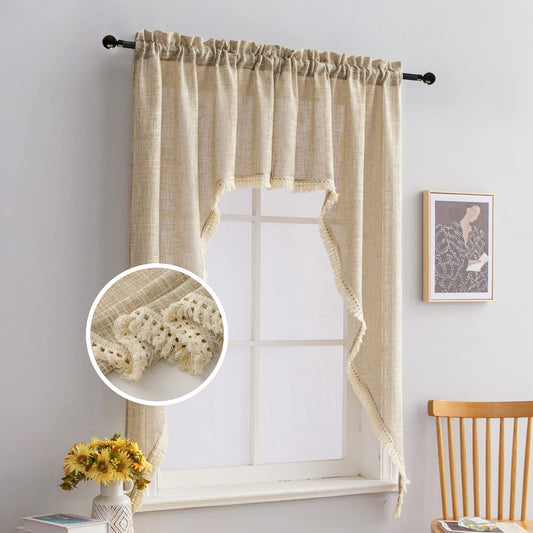 Beda Home Tassel Linen Textured Swag Valances for Farmhouses’ Kitchen; Light Filtering Rustic Short Swag Topper for Small Windows Bedroom Privacy Added Rod Pocket Design, Taupe, 36 x63 inch, 1 Pair