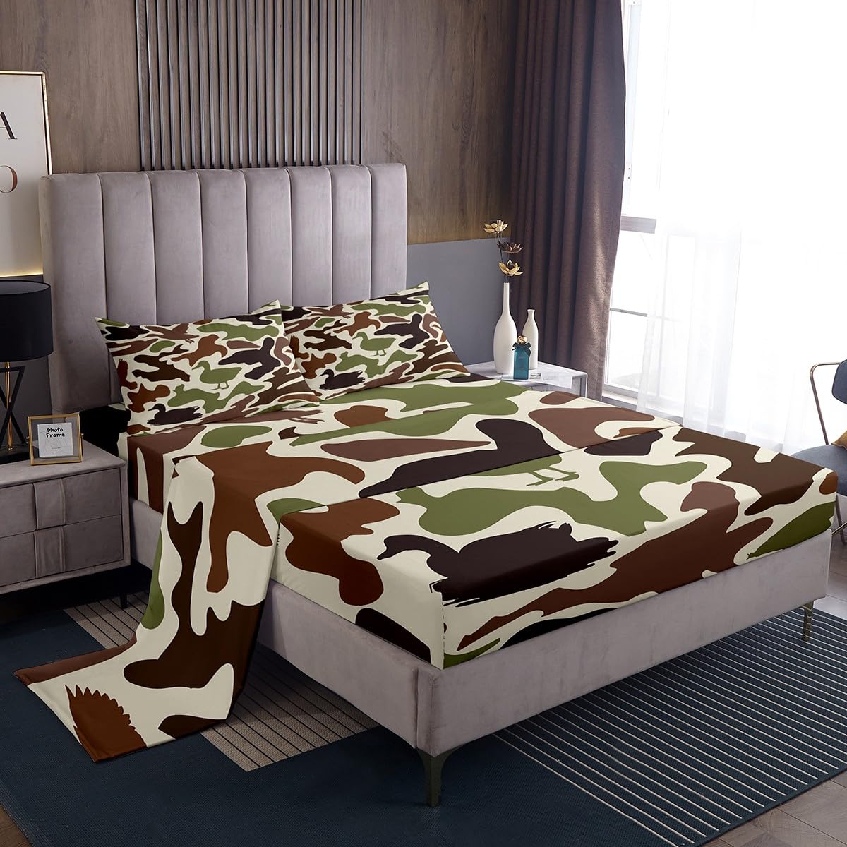 Feelyou Mallard Duck Bedding Set Twin Size for Boys Teens Kids Duck Hunting Camo Bed Sheets Hunter Green Army Camouflage Fitted Sheet Set Wild Home Decor