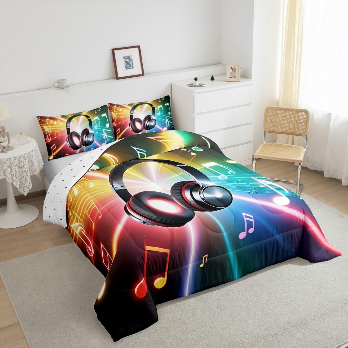 Erosebridal Headphone Comforter Set, Musical Note Hipster Bedding Set for Kids Boys Girls Teens, Rock Hip Hop Grunge Style Duvet Set Headset Bling Bedding Comforters Bedroom Decor, Twin Size