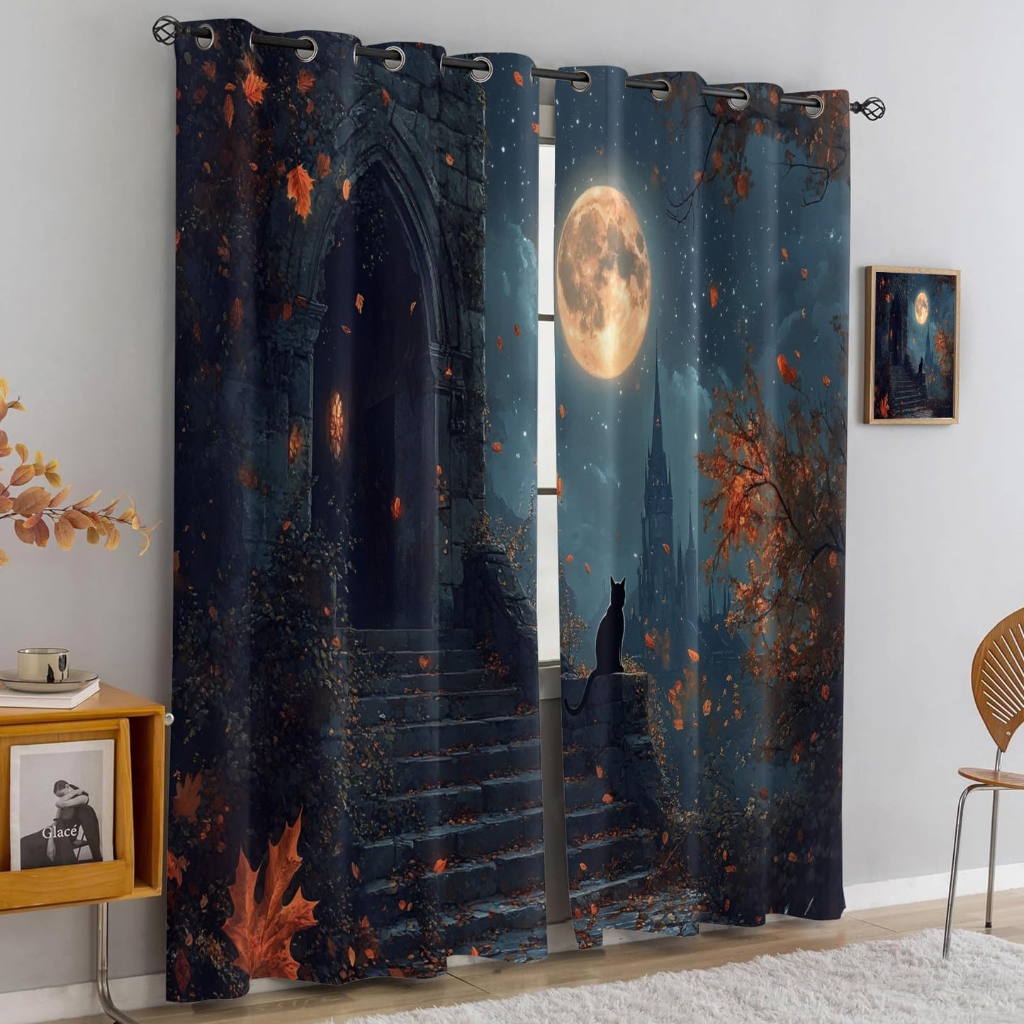 MPUTIE Black Cat Curtains 72 inch Long, Magical Castle Window Curtains for Bedroom, Grommet Room Darkening Drapes for Kitchen, Full Moon Drapes, Cat Room Decor, 2 Panels