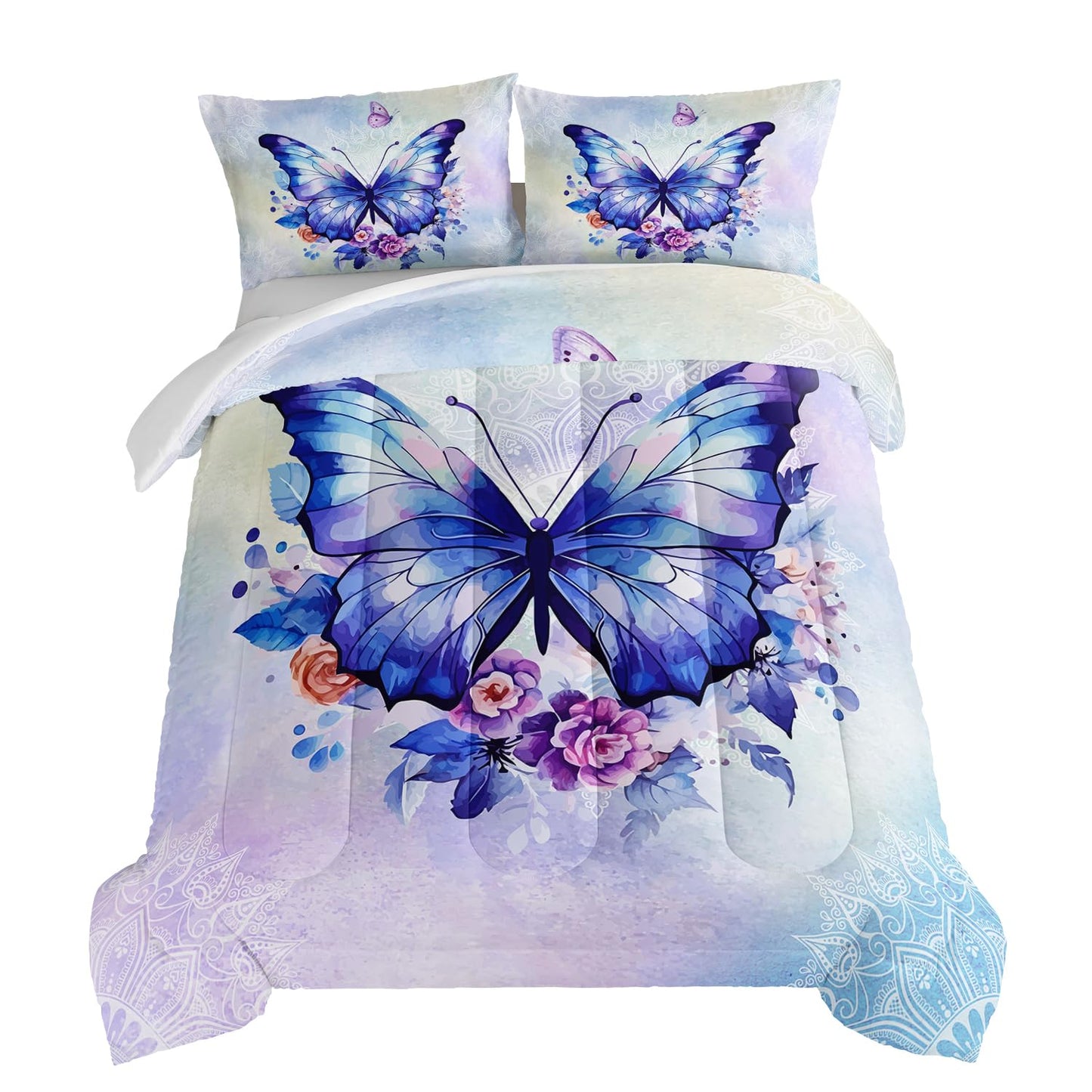 HOSIMA Floral Purple Butterfly Comforter-Soft Microfiber,Fantasy Butterfly Aesthetics Full Size Bed in a Bag for Kids Girls Teens Women,Mandala Preppy Bedding 3Piece with 2 Pillow Shams.