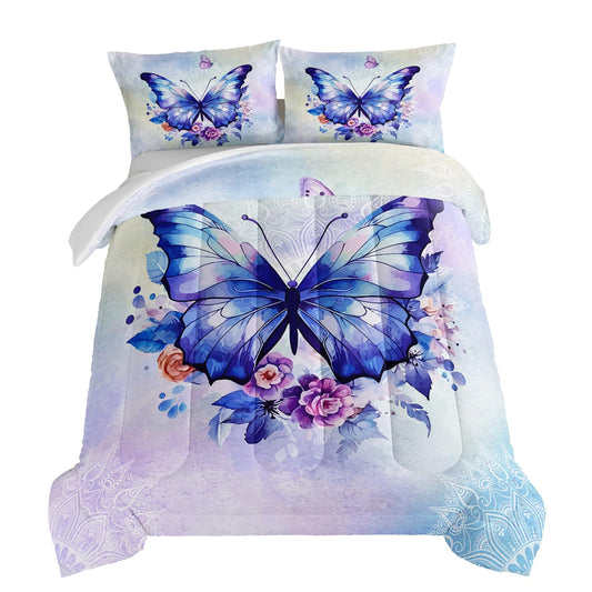 HOSIMA Floral Purple Butterfly Comforter-Soft Microfiber,Fantasy Butterfly Aesthetics Full Size Bed in a Bag for Kids Girls Teens Women,Mandala Preppy Bedding 3Piece with 2 Pillow Shams.