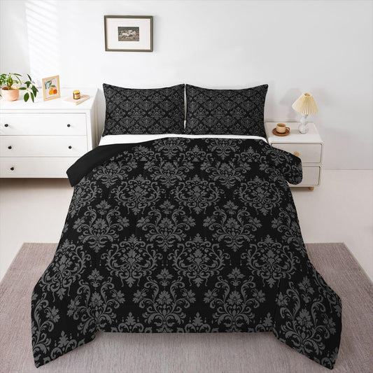 jejeloiu Gothic Damask Bedding Set Soft for Boys Girls, Exotic Floral Comforter Set Queen Size Vintage Jacquard Duvet Quilt Microfiber Antique Classic Bedroom Decor 3 Pcs with 2 Pillow Cases