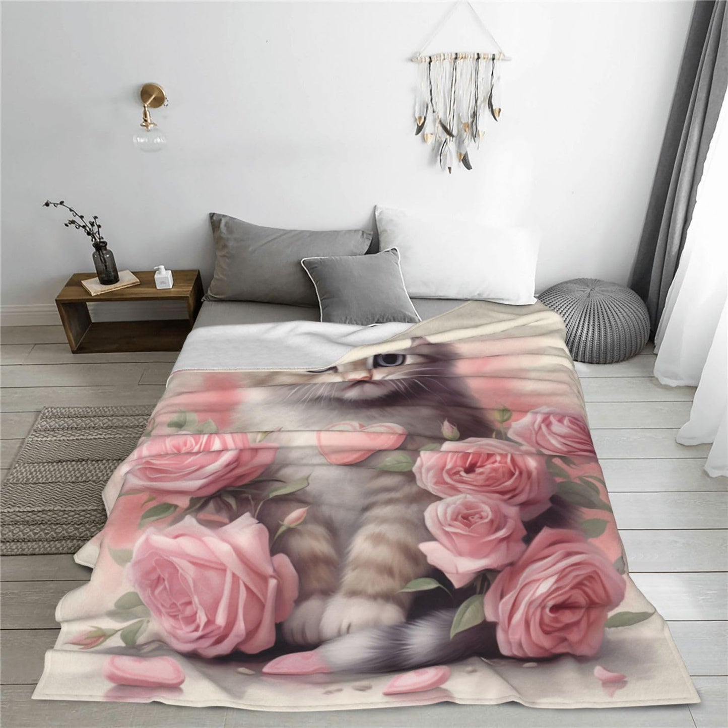 Turamurra Cute Cat Blanket Pink Rose Flowers Kitty Blankets for Mom Girls Women Cat Gifts Flannel Soft Warm Cozy Fuzzy Throw Blankets for Bed Sofa Decor Valentine Day Gifts 50"x60"