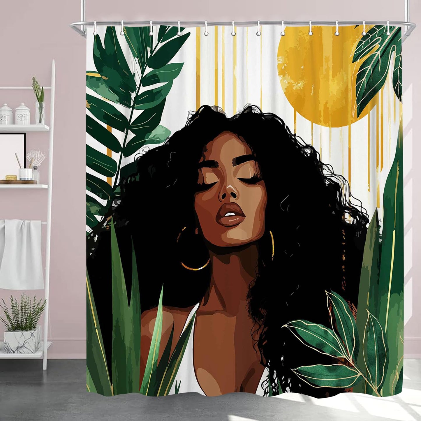 African American Woman Shower Curtain, Sexy Black Girl Lady Bathroom Shower Curtain, Boho Minimalist Art Green Tropical Plant Leaves Modern Bathroom Curtain Set Accessories Decor with Hooks 70X70Inch