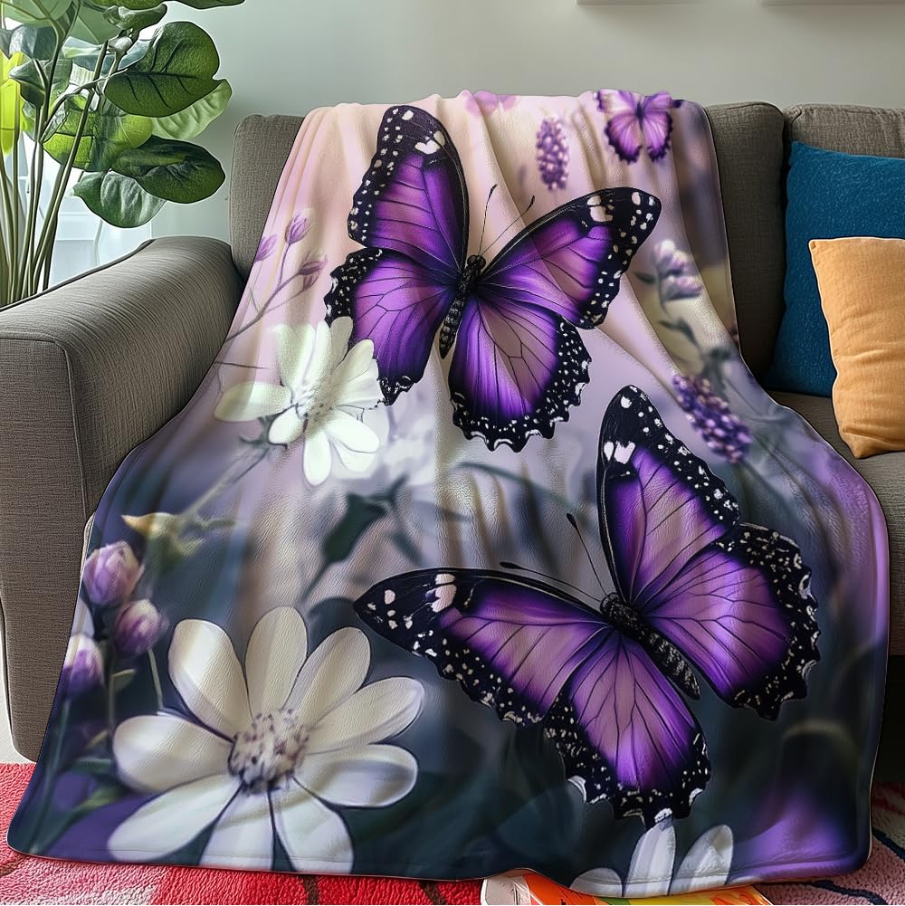 HUNXIAOJ Butterfly Throw Blanket for Women Butterfly Floral Blanket Romantic Gifts Warm Soft Flannel for Girls Boys Women Teens Adults Bed Sofa Couch (50 in x 60 in)