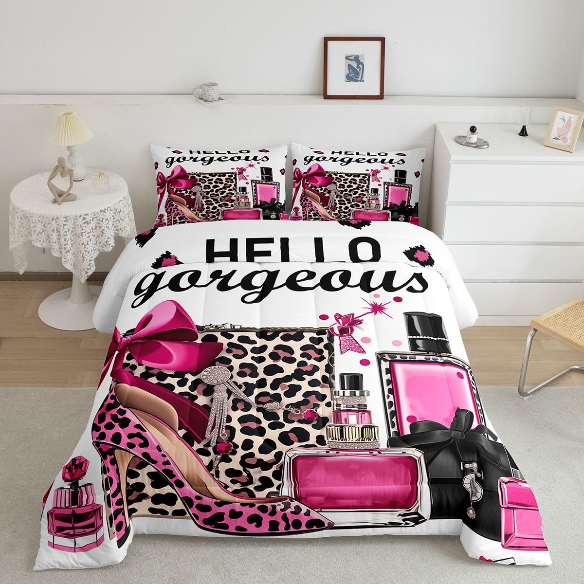 Erosebridal Black and Pink Leopard Print King Bedding Set | Fashion Modern Girly Comforter Set Bow Perfume High Heels Bed Collections Trendy Stylish Girls Duvet Quilt Sets