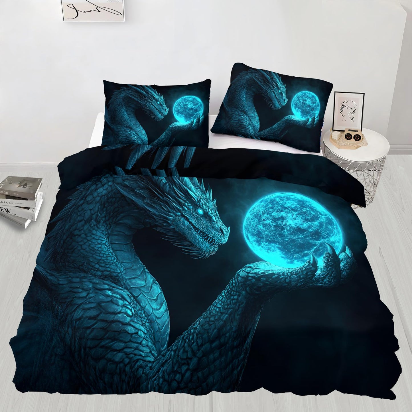 PAISUOQ Western Dragon Duvet Cover King, Magic Dragons Comforter Cover with Zipper Ties, Fantasy Animals Bedding Set, 3 Pieces with 2 Pillow Cases, Home Decor & Gifts
