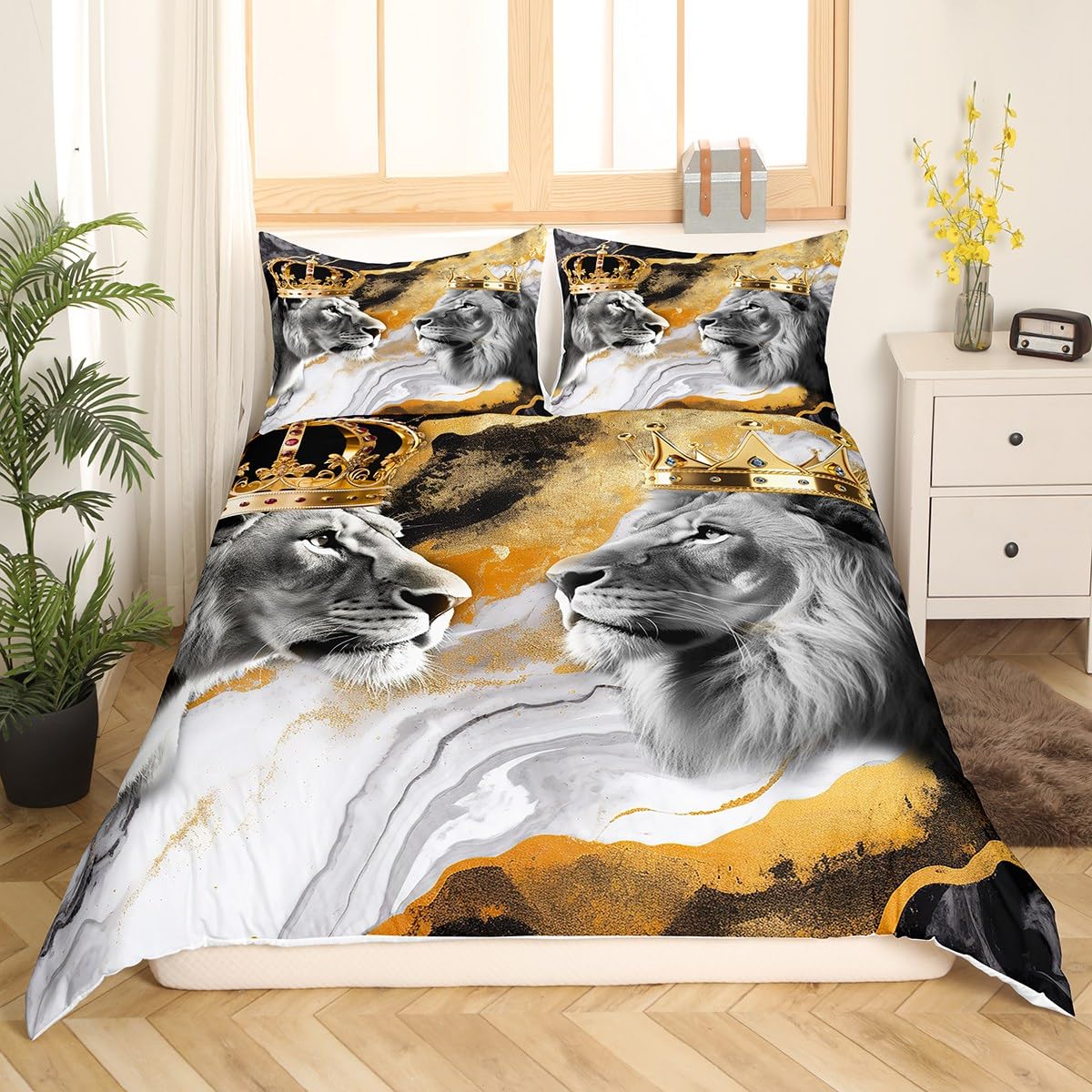 Homewish Lion Couple Duvet Cover Set Full Size,African Tropical Wild Animal Comforter Cover with 2 Pillowcases,Crown Decor Gold Black Marble Print Breathable Bedspread for Boys Teens