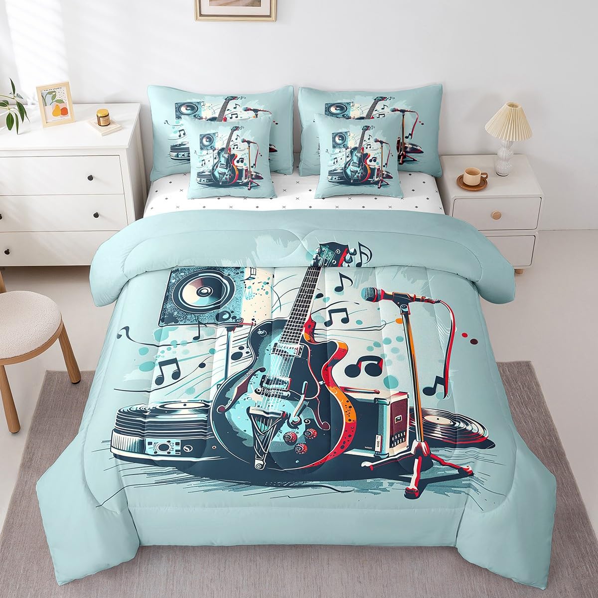 Erosebridal Music Bed in a Bag Twin Comforter Set 7 Piece,Chic Electric Guitar Audio Bedding Sets for Kids Boys Girls Teens Youth Rock Music Instrument Sheet Set with Comforter,Blue Black