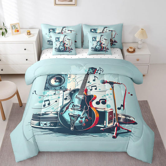 Erosebridal Music Bed in a Bag Twin Comforter Set 7 Piece,Chic Electric Guitar Audio Bedding Sets for Kids Boys Girls Teens Youth Rock Music Instrument Sheet Set with Comforter,Blue Black