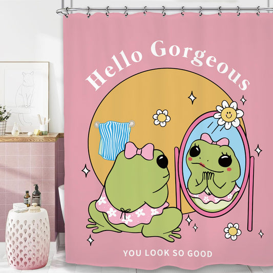 Kalmico Funny Frog Girl Self Love Shower Curtain 60Wx72L Inch Cute Hello Gorgeous Animal Hilarious Lovely Kids Pink Y2K Bathroom Set Accessories Decor with 12 Pack Hooks
