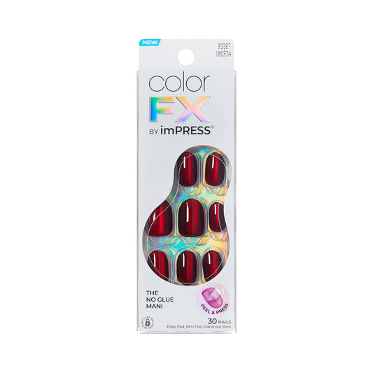 Kiss colorFX by Impress Press On Nails, Hidden Gem, 30 No Glue Peel and Stick Nails Kit with IMPROVED Adhesive, Red Short Oval Chrome Effect, Includes Prep Pad, Manicure Stick & Mini File