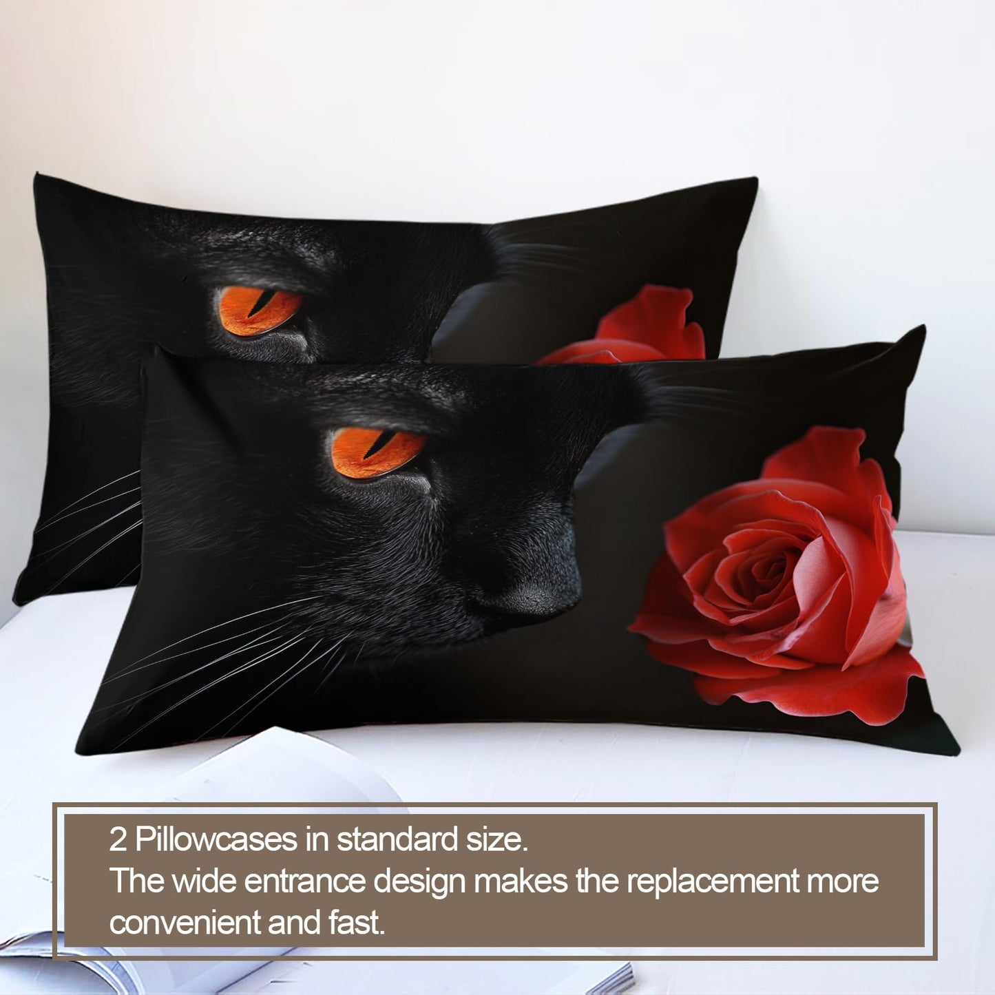 PAISUOQ Cat Print Bedding Sets, Cat with Roses Duvet Cover Queen, Romantic Animals Comforter Cover with Zipper Ties, 3 Pieces with 2 Pillowcases, Home Decor & Gifts
