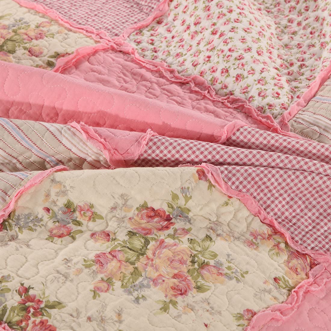 vctops 3 Piece Patchwork Floral Quilted Bedspread Quilt Set 100% Cotton Boho Ruffles Reversible Coverlet Set 1 Quilt and 2 Pillow Shams (Pink,Queen)
